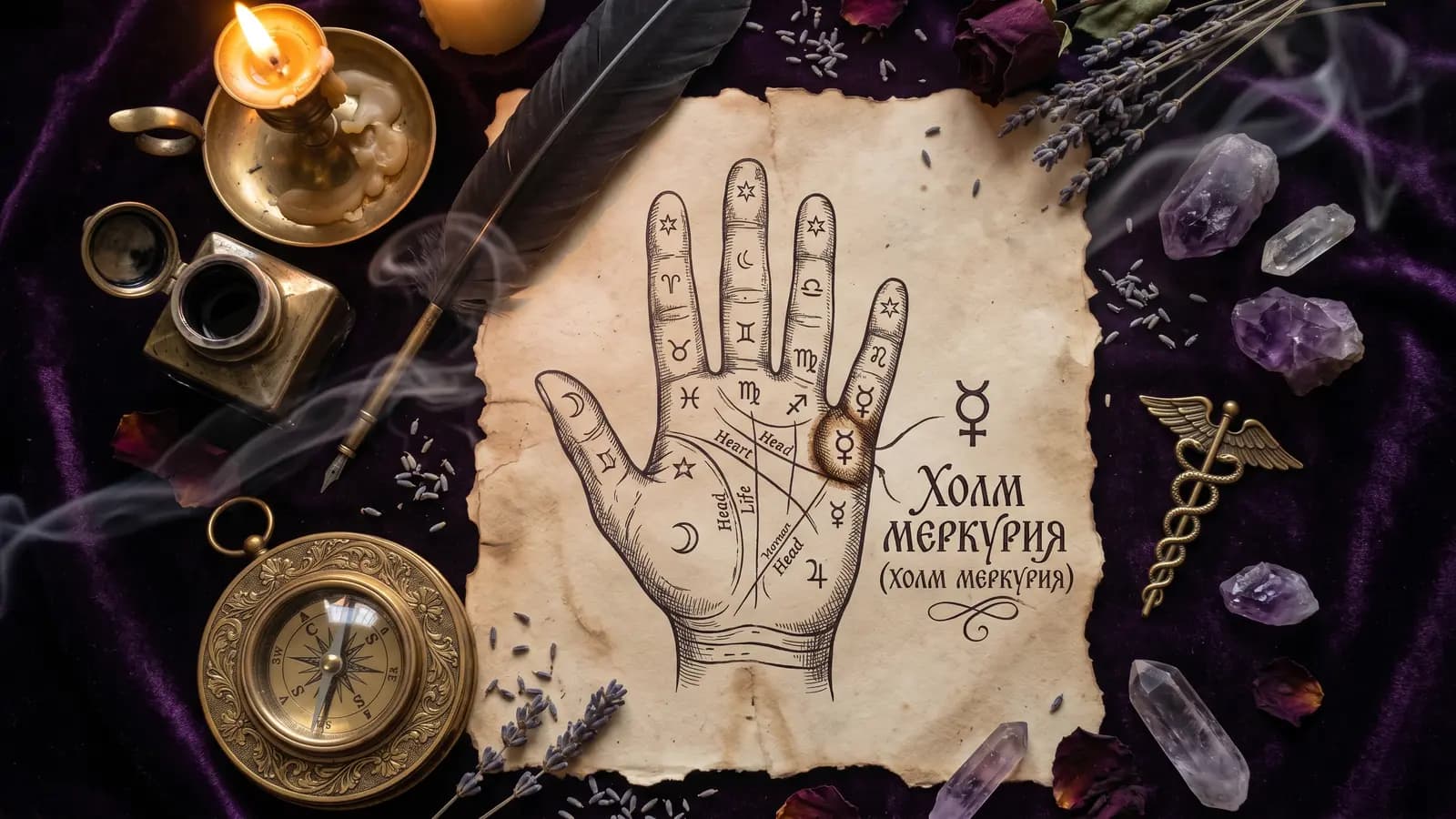 Пергамент с надписью «Холм Меркурия» и схемой ладони, кадуцей, компас, аметисты и свеча на тёмном бархате